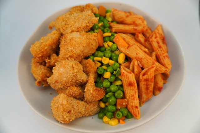Chicken Nuggets, Peas, Corn and Carrot and Pasta
